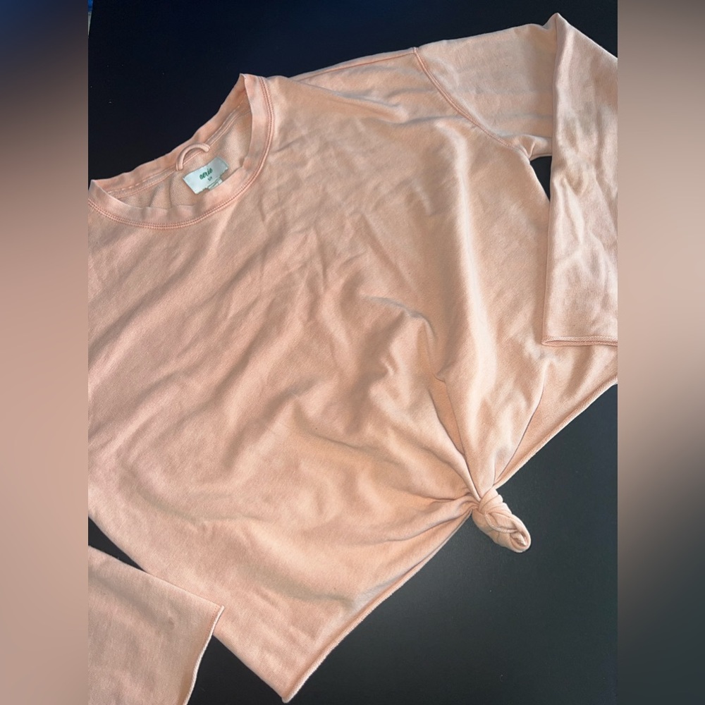 Aerie Peach Cropped Crew neck Pullover With Tie front Size Small GUC
